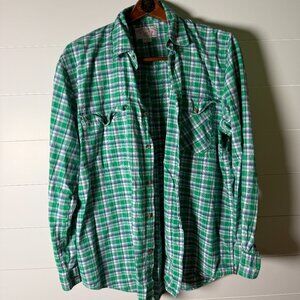 C.C. Filson Co Long Sleeve Button Down Green White Navy Plaid Sz. Large